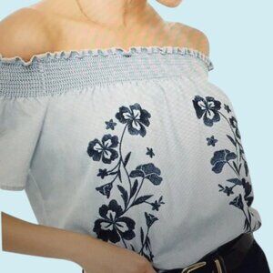 Love Tree Top Women's Small Blue Chambray Embroidered Off The Shoulder Boho NWT